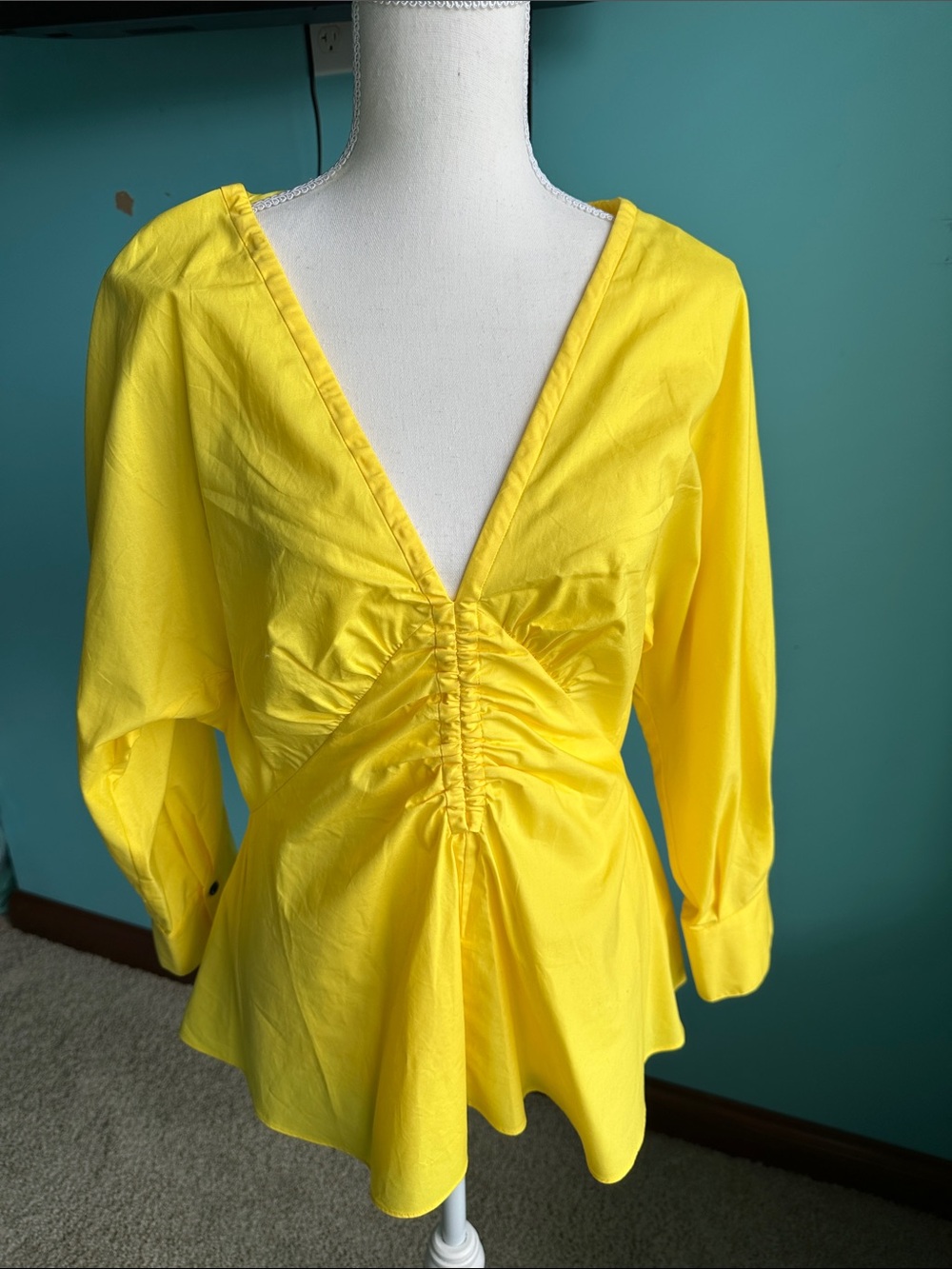 Proenza Schouler Bright Yellow V-Neck Ruched Peplum Blouse